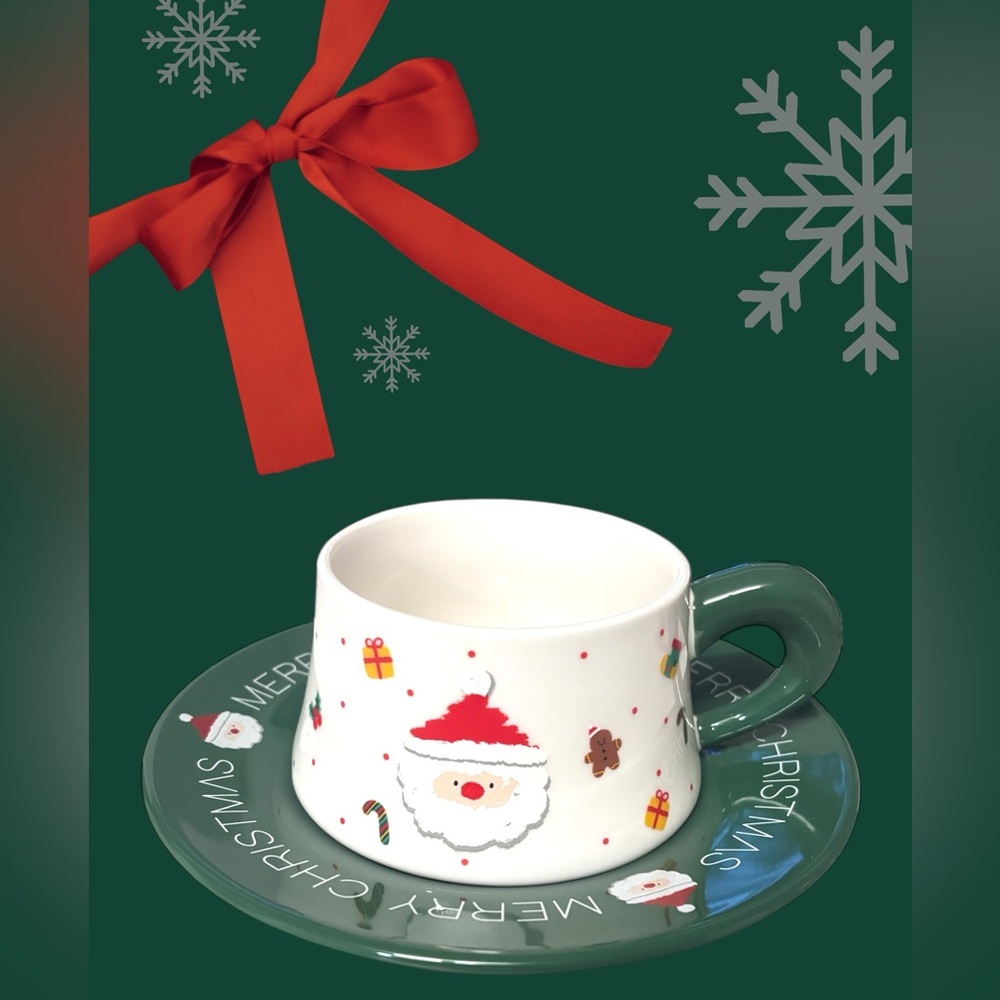 New Holiday Santa 10 oz Coffee Cup + Saucer – Cute Xmas Design
